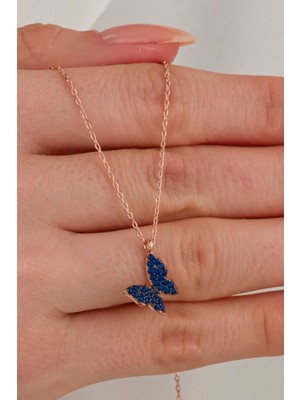 PremiumPort 925 Ayar Gümüş Rose Renk Lacivert Zirkon Taşlı Kelebek Kolye