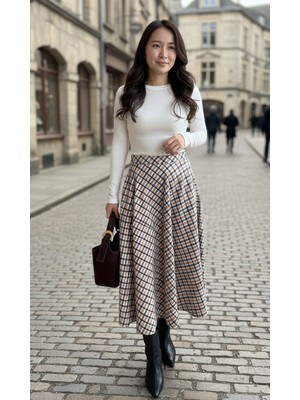 Nisan Triko Ekose Desenli Süet Midi Etek