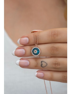 PremiumPort 925 Ayar Gümüş Rose Nazar Cam Göz Kolye, Şıklık ve Zarafet Için Tasarlandı