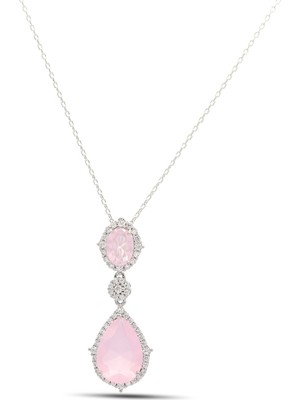 PremiumPort Pembe Kuvars ve Zirkon Taşlı 925 Ayar Gümüş Kolye