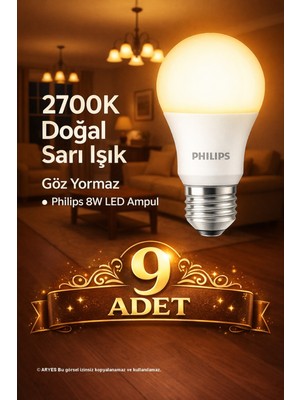 Philips 8W 2700K Doğal Sarı LED Ampul Set – Göz Dostu, Tasarruflu