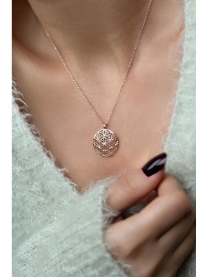 PremiumPort Parlak Yuvarlak Desenli Rose Pembe Gümüş Kolye, Zarif Takı Hediye
