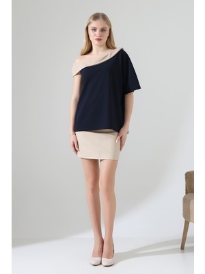 Lubiti Tek Omuzu Açık Asimetrik Yaka Detaylı Krep Bluz/büyükbeden