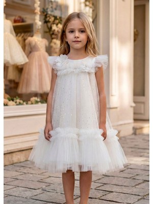 Kız Çocuk Beyaz Çiçek Detaylı Fırfırlı Şık Elbise