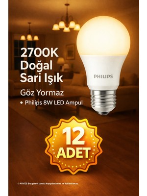 Philips 8W 2700K Doğal Sarı LED Ampul Set – Göz Dostu, Tasarruflu