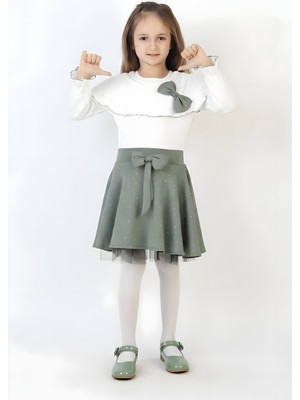 Modanino Kız Çocuk 2'li Elbise Taş Süslemeli Etek+Şal Yakalı ve Fiyonklu Bluz 4-9 Yaş 12505