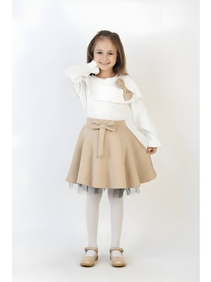 Modanino Kız Çocuk 2'li Elbise Taş Süslemeli Etek+Şal Yakalı ve Fiyonklu Bluz 4-9 Yaş 12505