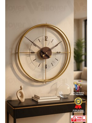 Wallover Design Xl Boy Jumbo Modern Sessiz Duvar Saati Ceviz Detaylı, Metal Paslanmaz Duvar Saati 65X65