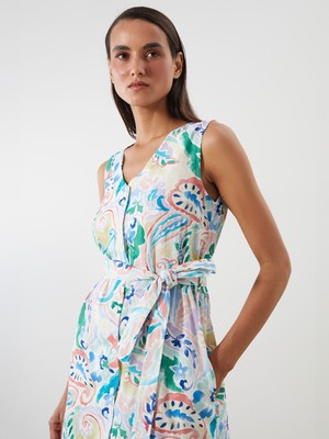 Lc Waikiki Yeni Sezon V Yaka Desenli Kuşaklı Elbise