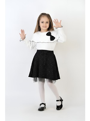 Modanino Kız Çocuk 2'li Elbise Taş Süslemeli Etek+Şal Yakalı ve Fiyonklu Bluz 4-9 Yaş 12505