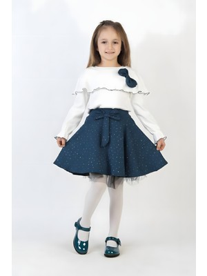 Modanino Kız Çocuk 2'li Elbise Taş Süslemeli Etek+Şal Yakalı ve Fiyonklu Bluz 4-9 Yaş 12505