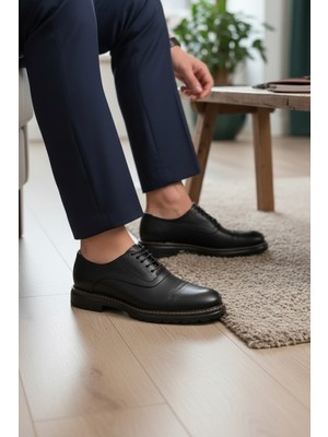 Enoch Erkek Siyah Hakiki Deri Klasik Ayakkabı Pürüzsüz Saya ve Cap Toe Detaylı Bağcıklı Model