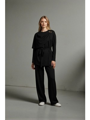 Molly Nelly Kadın Şal Yaka Toka Detaylı Rahat Günlük Pantolon Bluz Takım