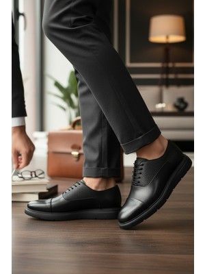 Enoch Erkek Siyah Hakiki Deri Klasik Ayakkabı Dokulu Saya ve Hafif Esnek Tabanlı Bağcıklı Model