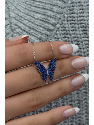 PremiumPort 925 Ayar Gümüş Mavi Taşlı Zarif Kelebek Kolye