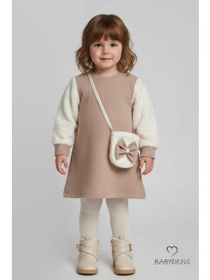Babyden's Bayramlık Şık ve Rahat Kız Bebek Elbise Çantalı Yumuşak Peluş Kollu Kışlık Çocuk Kombini