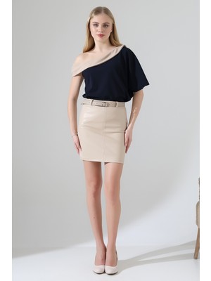 Lubiti Tek Omuzu Açık Asimetrik Yaka Detaylı Krep Bluz/büyükbeden