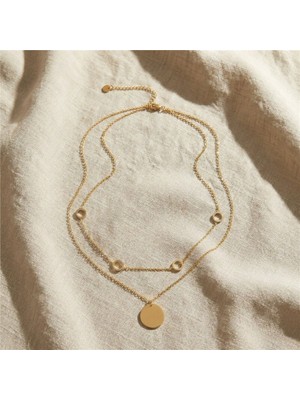 Daire Halka Gurme Zincir Çift Çelik Kolye - 14K Altın Rengi Kaplama, 42+5 cm / 1 mm