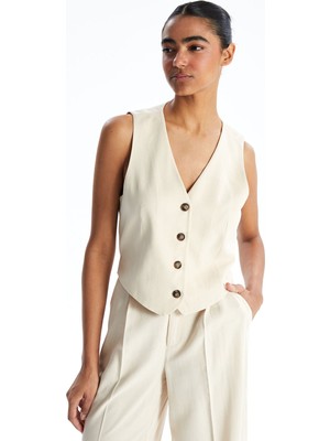 Lc Waikiki Yeni Sezon V Yaka Keten Karışımlı Kadın Klasik Yelek