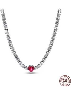 PremiumPort Kırmızı Kalp Zirkon Taşlı Minimal Gümüş Choker, Zarif ve Şık Takı