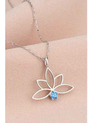 PremiumPort 925 Ayar Gümüş Akuamarin Taşlı Lotus Çiçeği Kolye