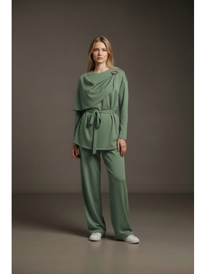 Molly Nelly Kadın Şal Yaka Toka Detaylı Rahat Günlük Pantolon Bluz Takım