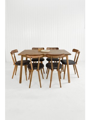 Unboxdeco Alaçatı 6 Kişilik Masif Ceviz Ahşap Masa Takımı, 6 Nesrin Sandalye - 130X80