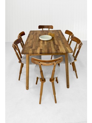 Unboxdeco Alaçatı 6 Kişilik Masif Ceviz Ahşap Masa Takımı, 6 Nesrin Sandalye - 130X80