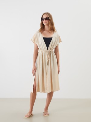 Lc Waikiki Yeni Sezon V Yaka Keten Görünümlü Kadın Plaj Elbisesi