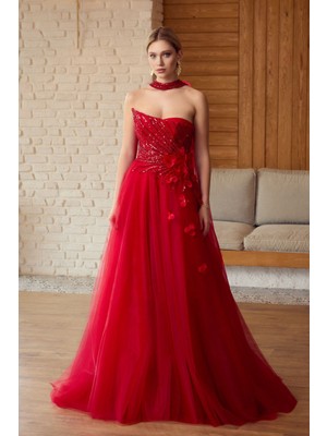 Ömür Inn Kadın Straplez Payet Işlemeli Uzun Abiye Elbise 6694 Kırmızı