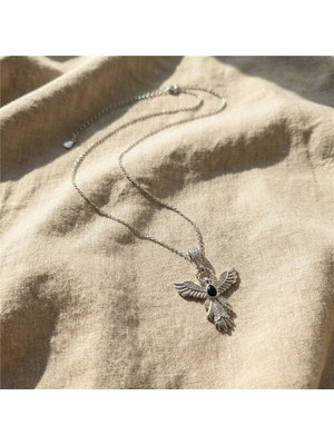 Siyah Taşlı Anka Kuşu Çelik Kolye - Gümüş Rengi Kaplama, 40+5 cm / 1 mm