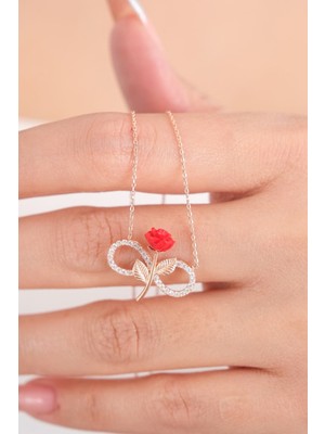 PremiumPort 925 Ayar Gümüş Zirkon Taşlı Kırmızı Gül Motif Sonsuzluk Kolye Hediye