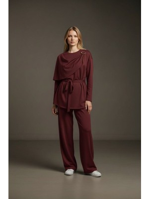 Molly Nelly Kadın Şal Yaka Toka Detaylı Rahat Günlük Pantolon Bluz Takım