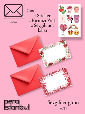 Pera İstanbul 2 Adet Kırmızı 7x9 Zarf 2 Adet Hediyelik Not Kartı 1 Adet Sticker Set Sevgililer Günü Yıl Dönümü
