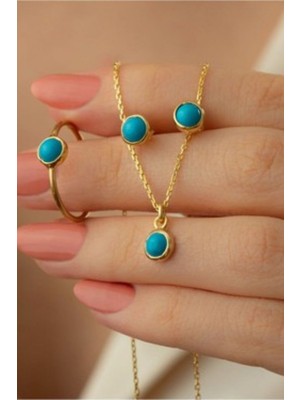 PremiumPort Özellikle Tasarlanmış 925 Ayar Gümüş Firuze Taşlı Şık Kolye ve Küpe Seti