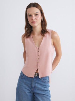 Lc Waikiki Yeni Sezon V Yaka Keten Karışımlı Kadın Klasik Yelek