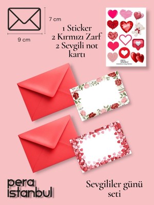 Pera İstanbul 2 Adet Kırmızı 7x9 Zarf 2 Adet Hediyelik Not Kartı 1 Adet Sticker Set Sevgililer Günü Yıl Dönümü