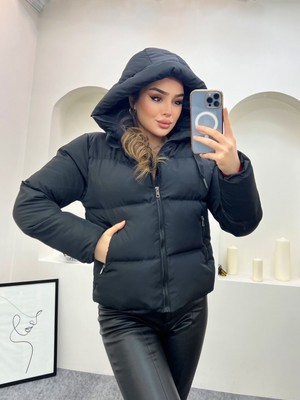 Tals Moda KADIN GENİŞ KALIP KAPİŞONLUNU BAĞCIKLI CASUAL  KISA SİŞME MONT