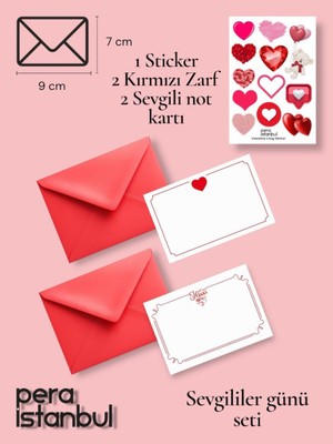 Pera İstanbul 2 Adet Kırmızı 7x9 Zarf 2 Adet Hediyelik Not Kartı 1 Adet Sticker Set Sevgililer Günü Yıl Dönümü