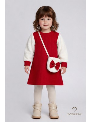 Babyden's Bayramlık Şık ve Rahat Kız Bebek Elbise Çantalı Yumuşak Peluş Kollu Kışlık Çocuk Kombini