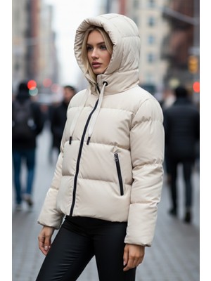 Tals Moda KADIN GENİŞ KALIP KAPİŞONLUNU BAĞCIKLI CASUAL  KISA SİŞME MONT