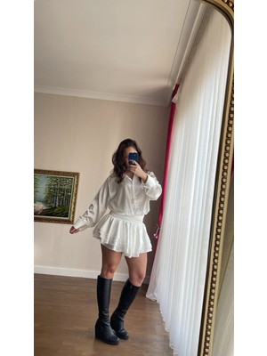 Hande Batmaz Butik Fırfırlı Saten Gömlek Elbise