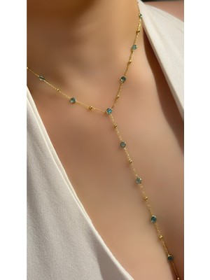 PremiumPort Mavi Taşlı Top Zincirli Akumarın Y Kolye, 925 Ayar Gümüş