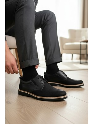 Enoch Erkek Hakiki Deri Klasik Ayakkabı Dokulu Saya ve Beyaz Kontrast Tabanlı Bağcıklı Model