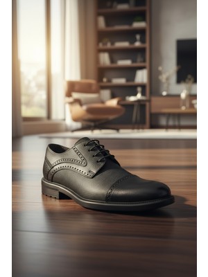 Enoch Erkek Siyah Hakiki Deri Klasik Ayakkabı Mikro Delikli Saya Bağcıklı Model