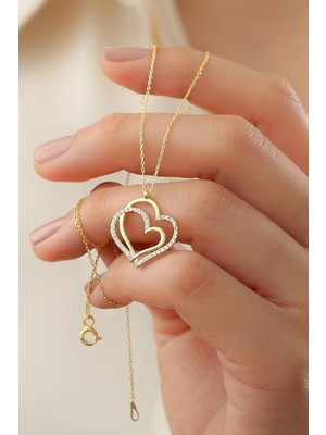 PremiumPort 925 Ayar Gümüş Gold Çift Kalp Kolye, Şık ve Zarif Tasarım