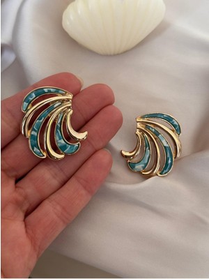 Hercy Mavi Mineli Yelpaze Model Büyük Boy Gold Küpe | 1. Sınıf Kaplama Küpe | Yazlık Küpe