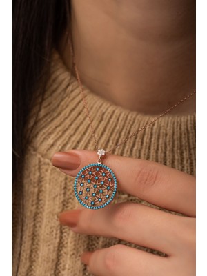 PremiumPort 925 Ayar Gümüş Turkuaz Taşlı Yaşam Çiçeği Kolye Kadın