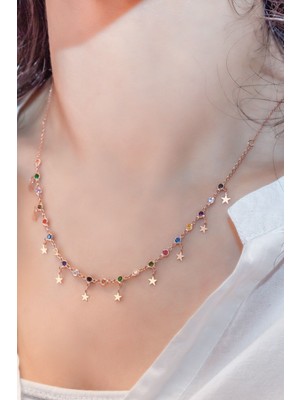 PremiumPort Parlak Yıldız Pullu Nano Zirkon Kolye, Rose Altın Kaplama 925 Ayar Gümüş