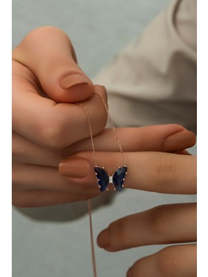 PremiumPort 925 Ayar Gümüş Kelebek Kolye, Lacivert Zirkon Taşlı, Şık Takı